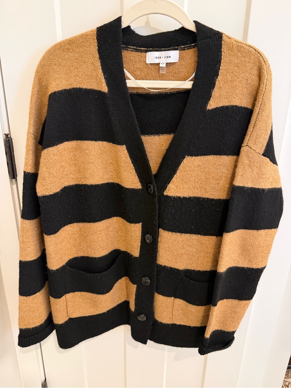 John + Jenn Black and Tan Wide-Stripe Button Cardigan